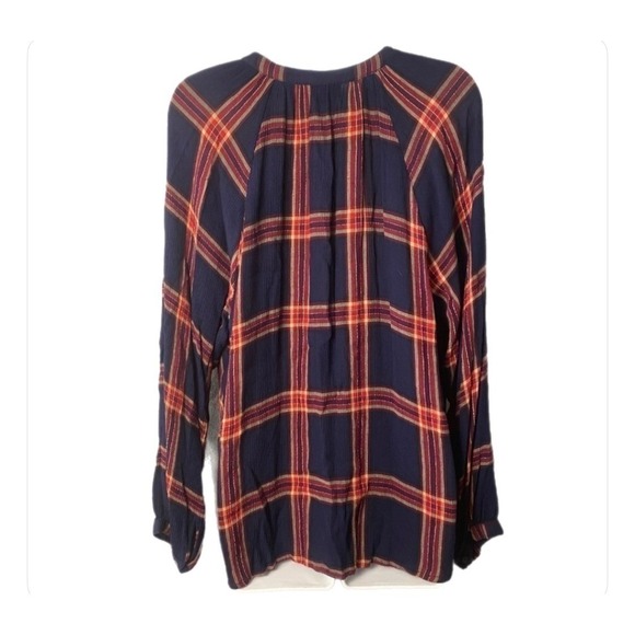 Lucky Brand Plaid Blouse Women 1X Navy Blue Boho Tassel Tie Rayon Top - Picture 4 of 12